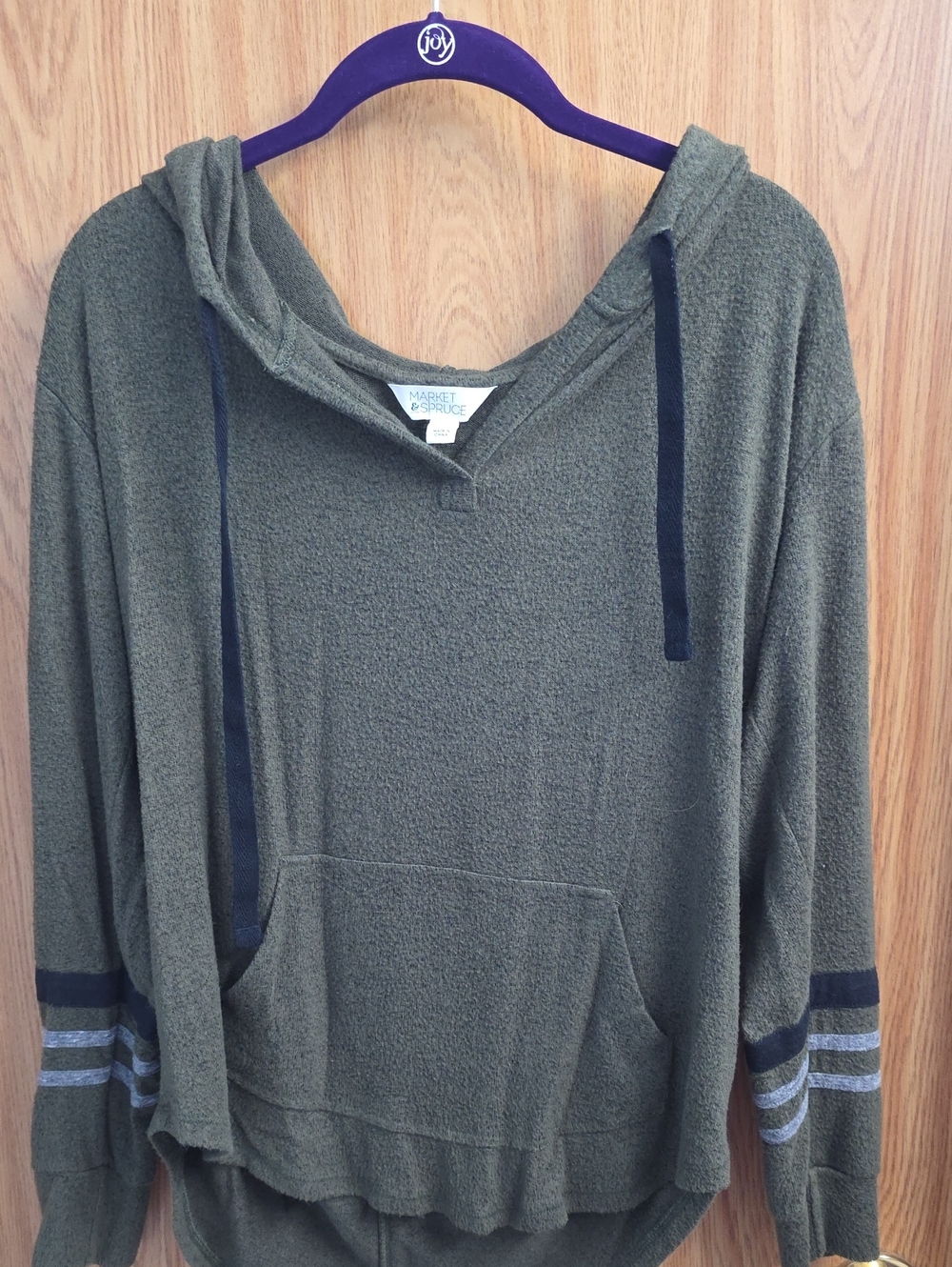 Market & Spruce Olive Green Hooded Pullover with Stripe Sleeve Detail
